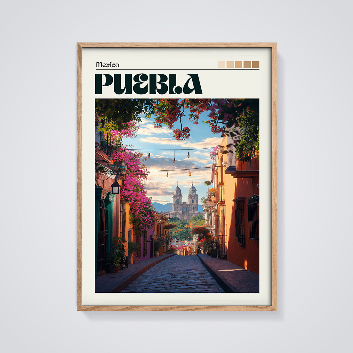 Puebla Mexico Travel Print framed in oak on a grey background