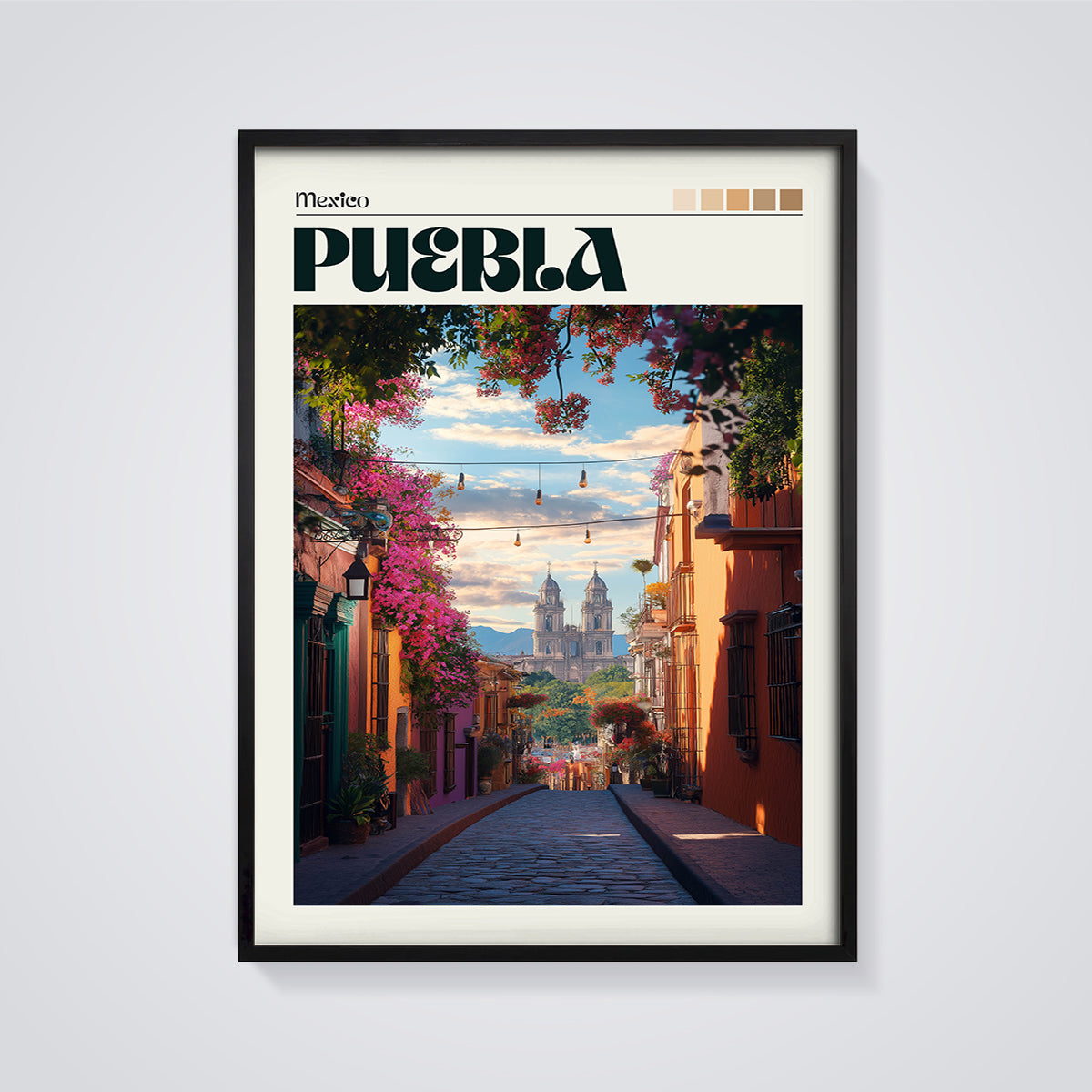 Puebla Mexico Travel Print framed in black on a grey background