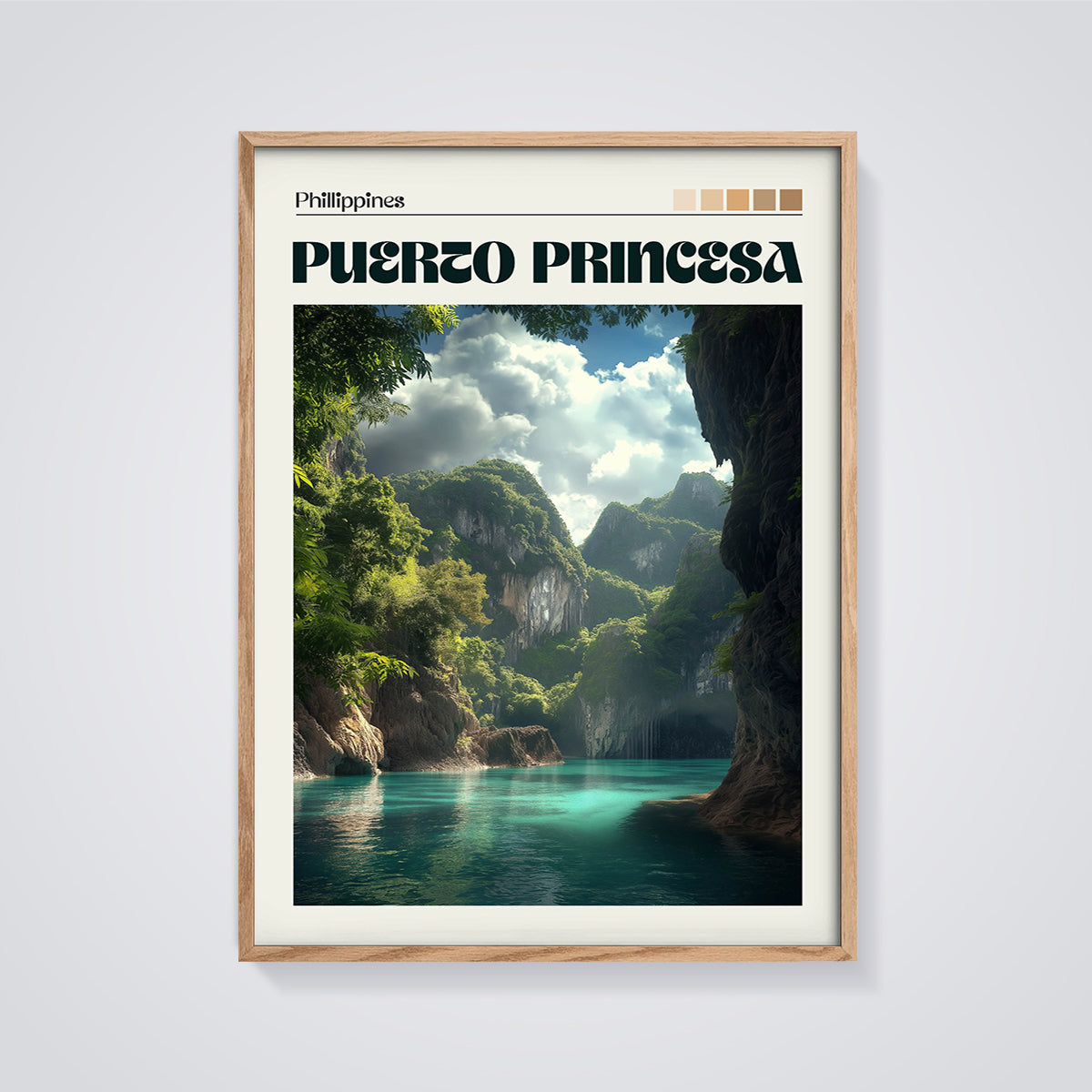 Puerto Princesa Philippines Lagoon Print framed in oak on a grey background