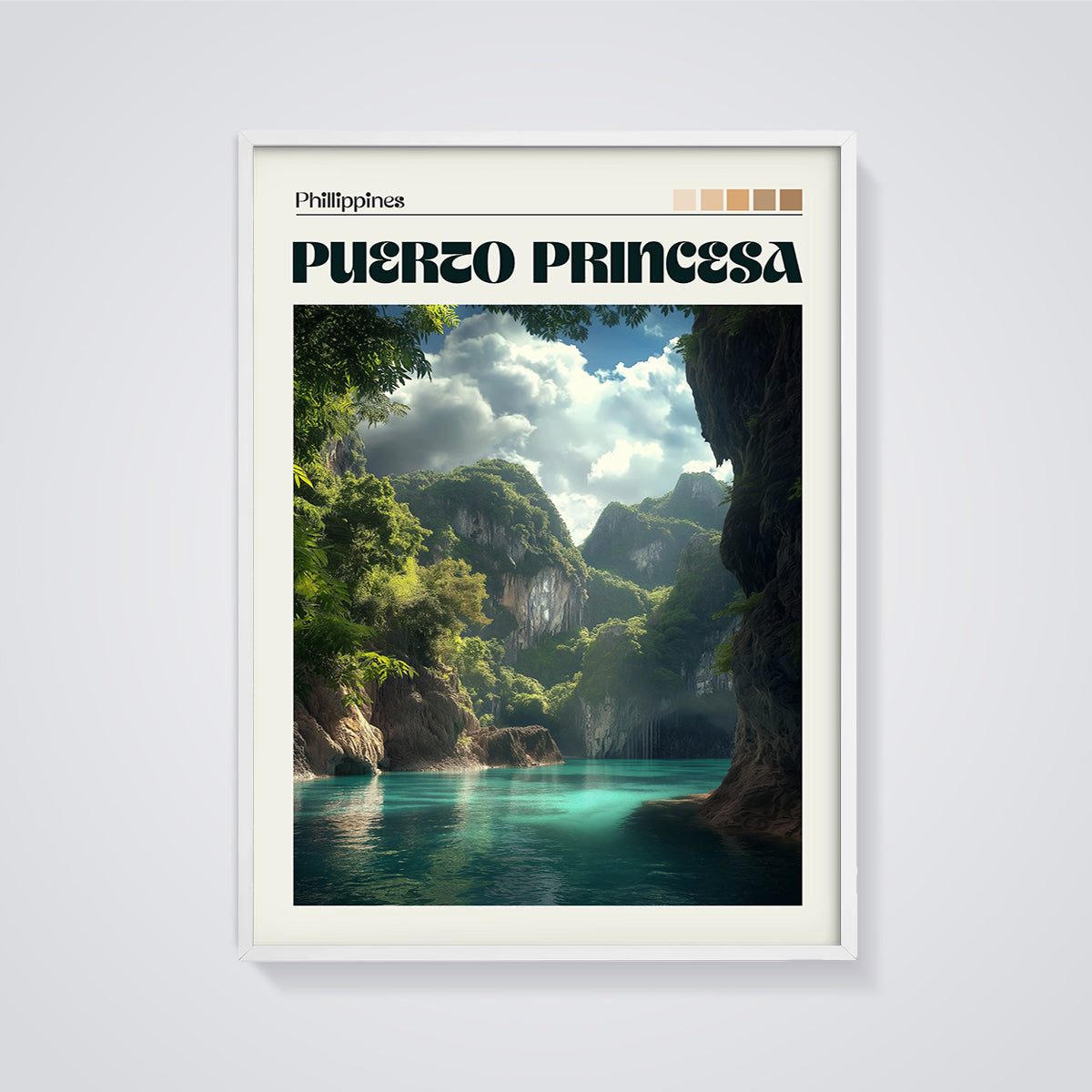 Puerto Princesa Philippines Lagoon Print framed in white on a grey background