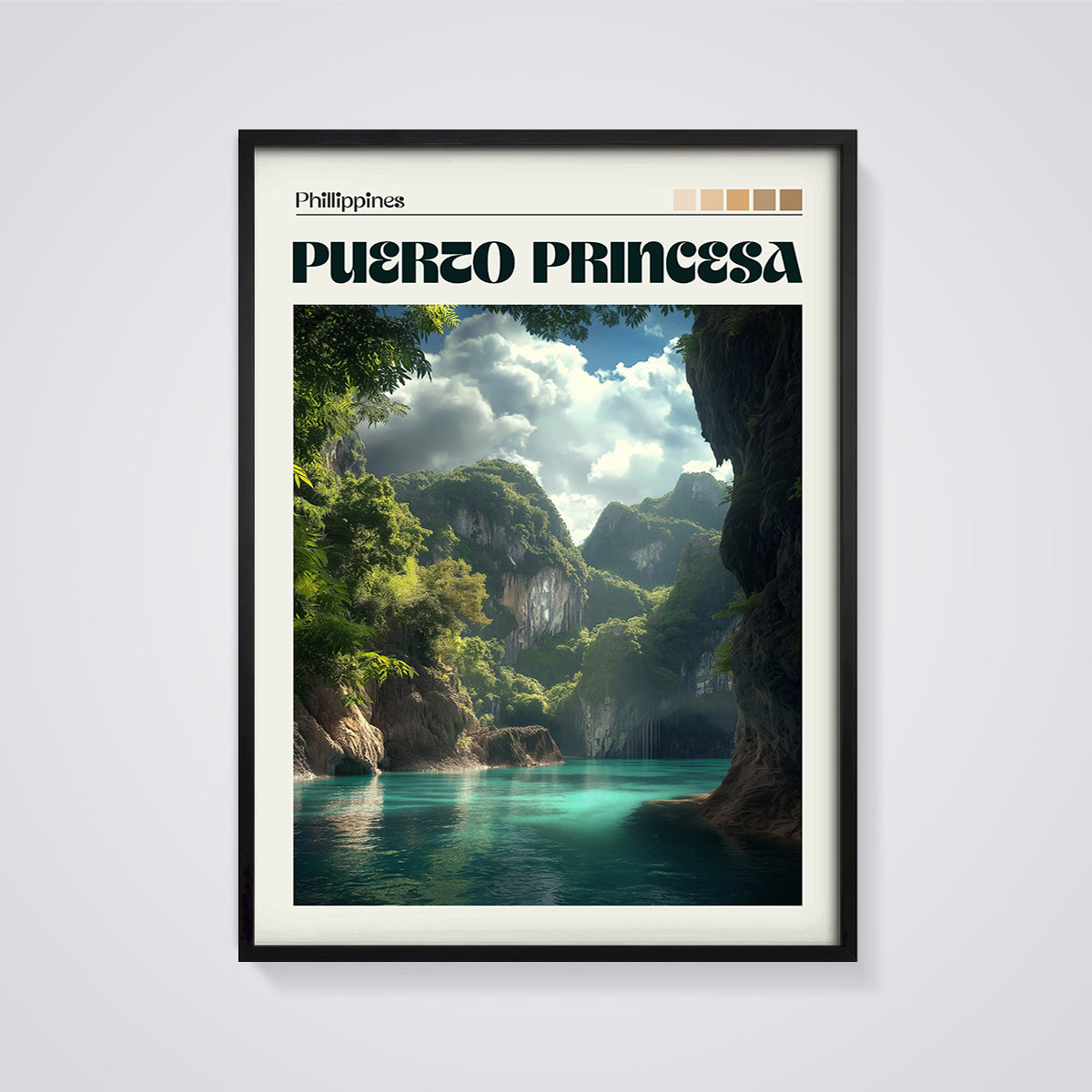Puerto Princesa Philippines Lagoon Print framed in black on a grey background
