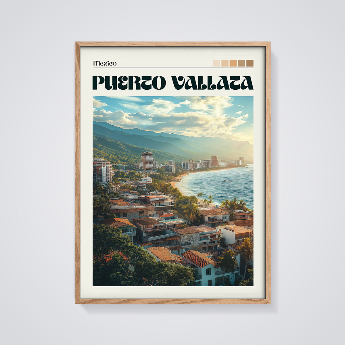 Puerto Vallarta Coastal City Print framed in oak on a grey background