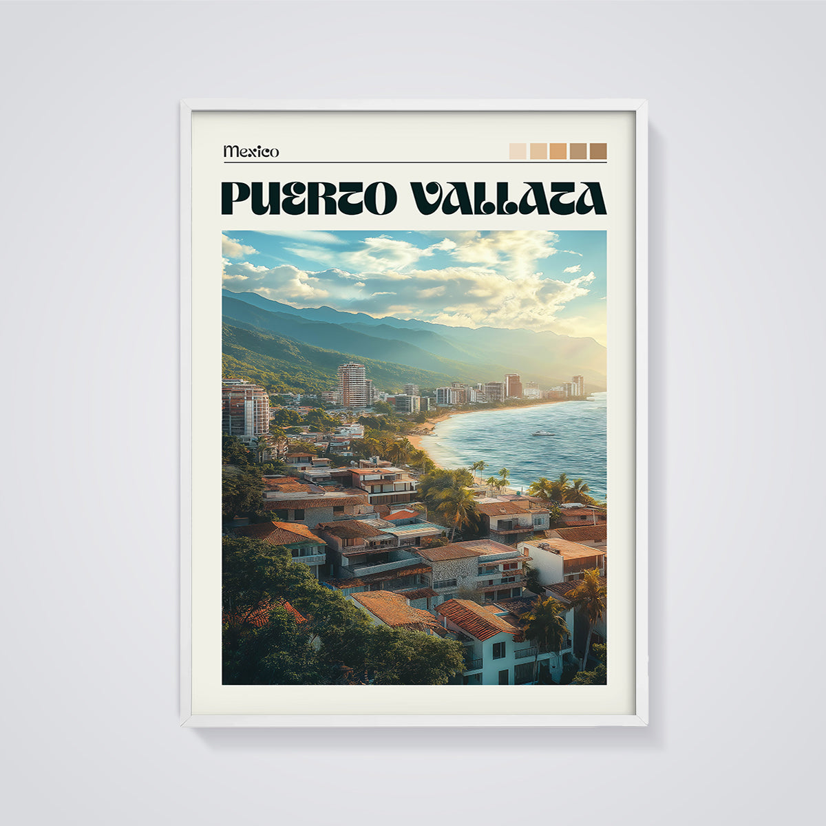 Puerto Vallarta Coastal City Print framed in white on a grey background