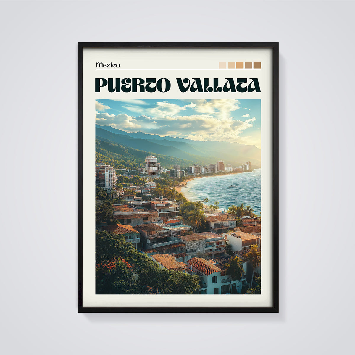 Puerto Vallarta Coastal City Print framed in black on a grey background