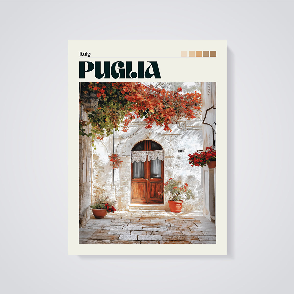 Puglia White Wall Alley Print unframed on a grey background