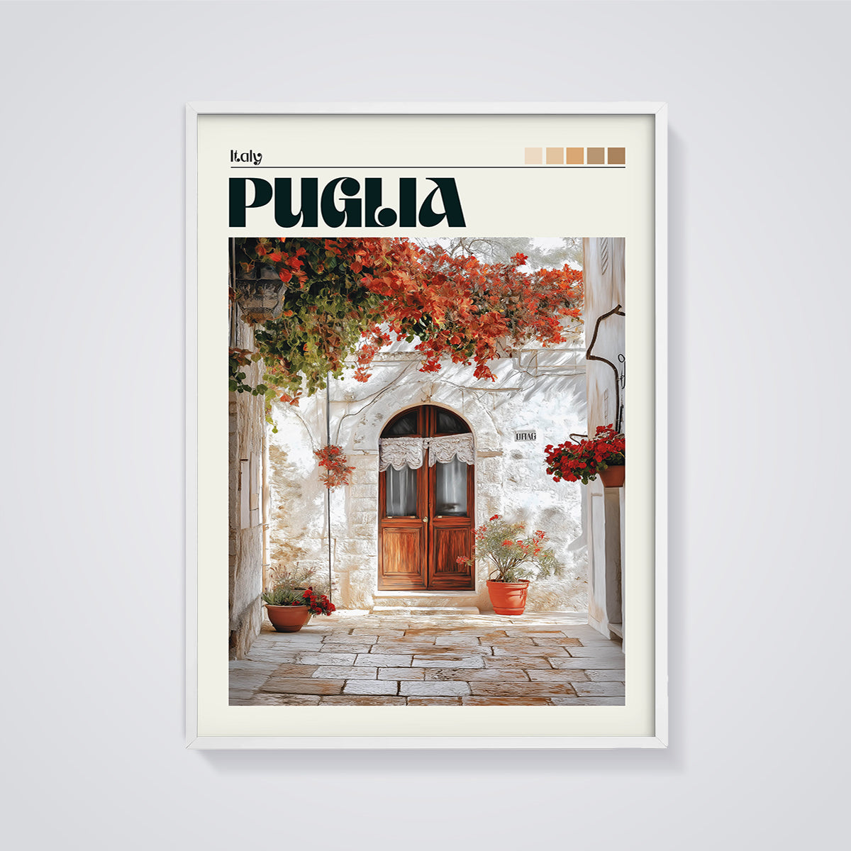 Puglia White Wall Alley Print framed in white on a grey background