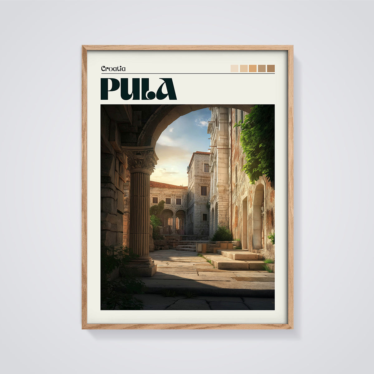 Pula Historic Archway Print framed in oak on a grey background