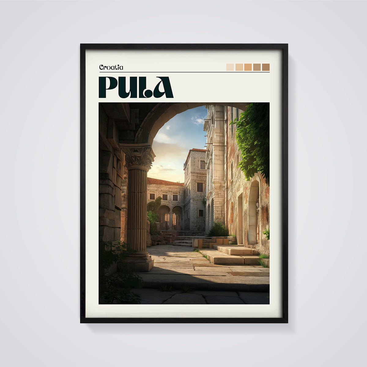 Pula Historic Archway Print framed in black on a grey background
