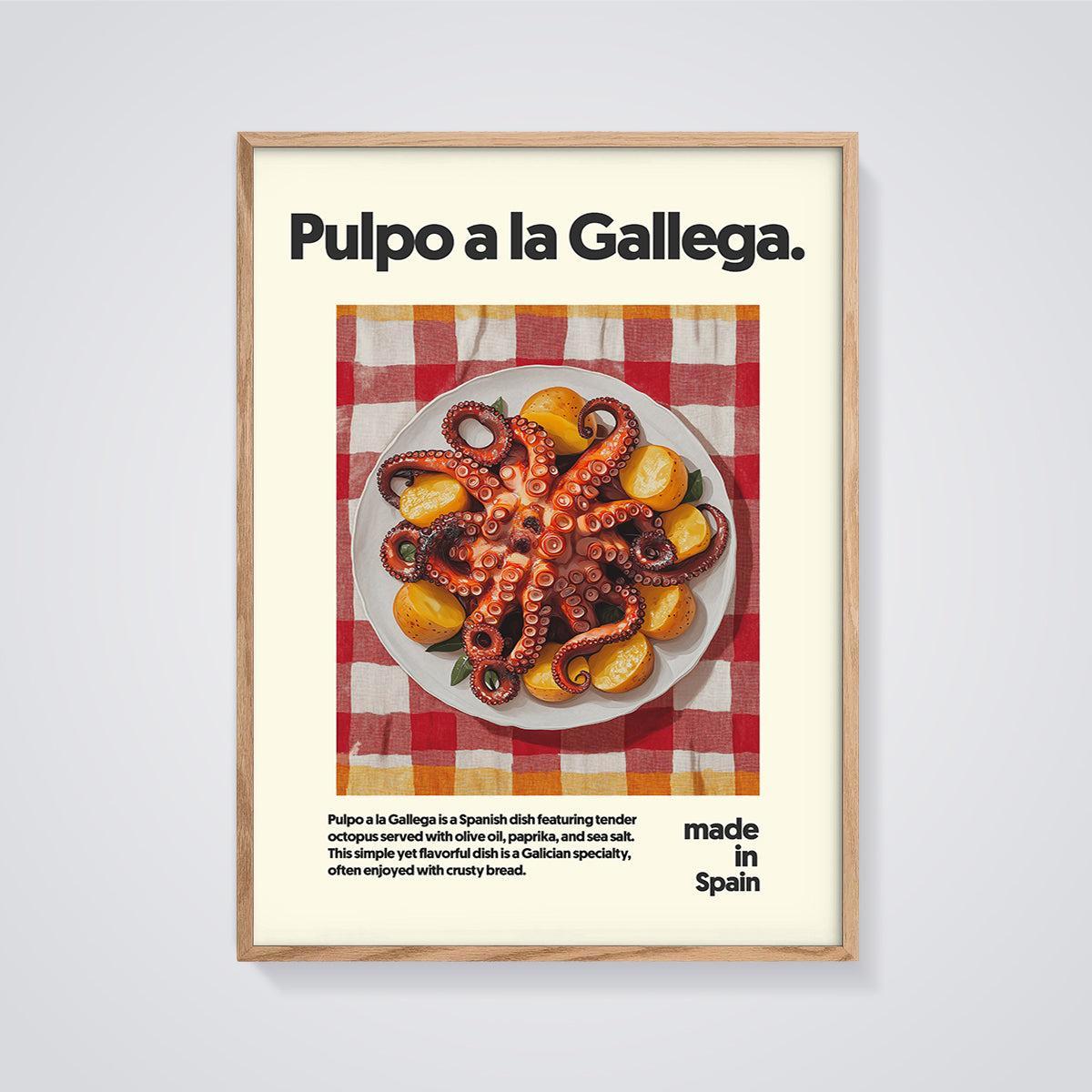 Pulpo a la Gallega Print framed in oak on a grey background