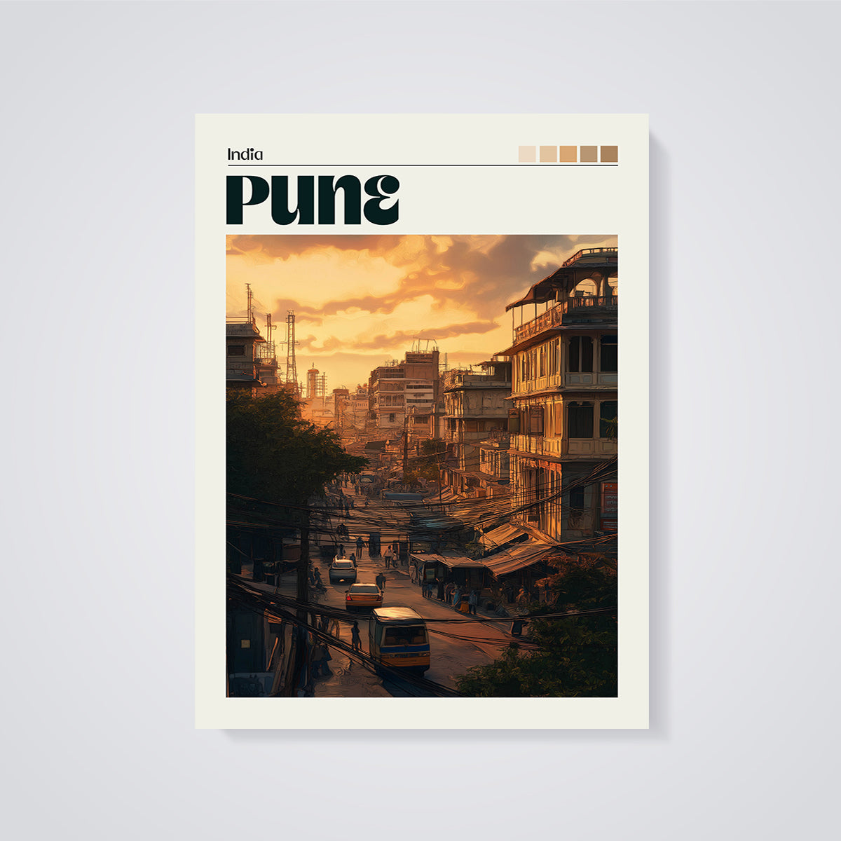 Pune Sunset Street Print unframed on a grey background