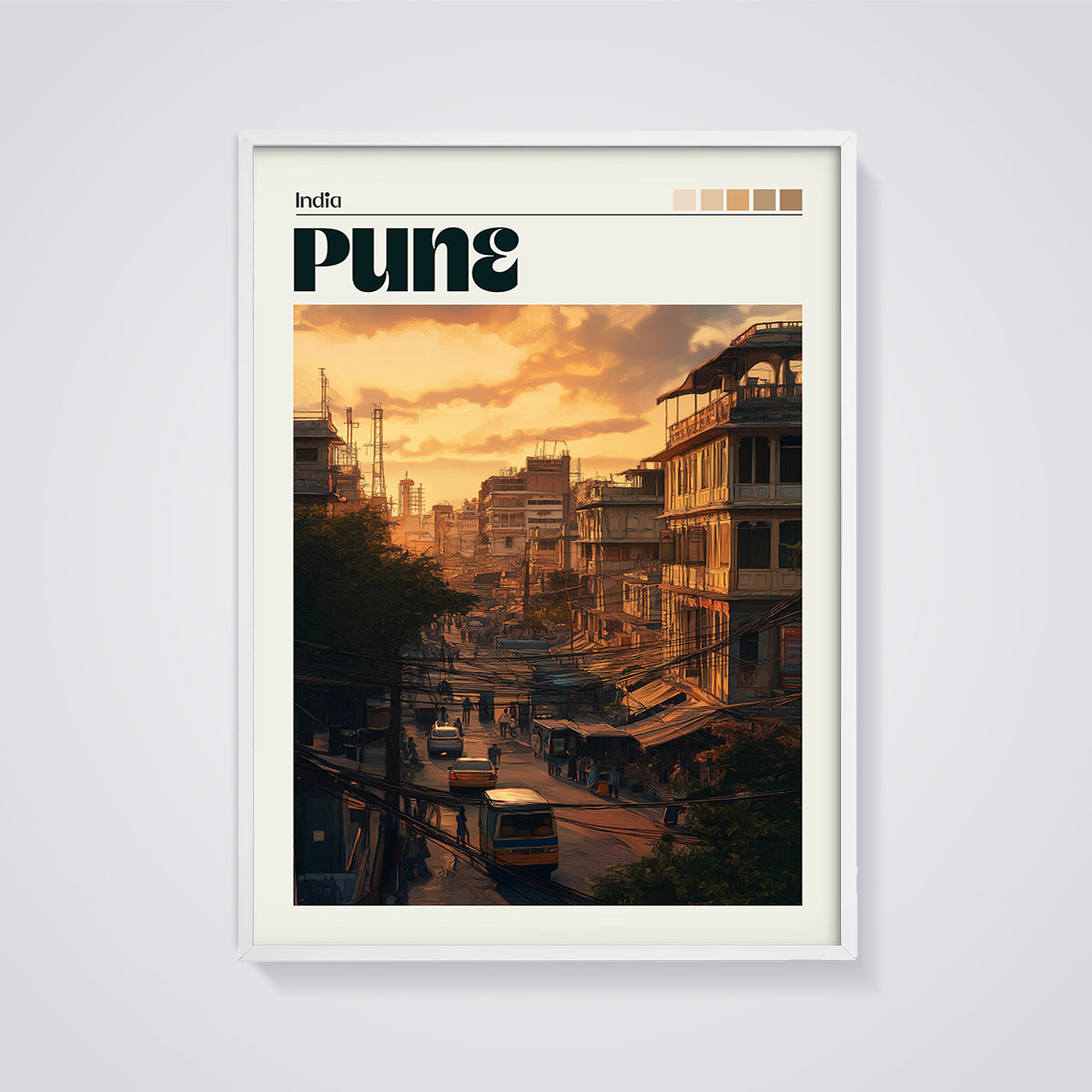 Pune Sunset Street Print framed in white on a grey background