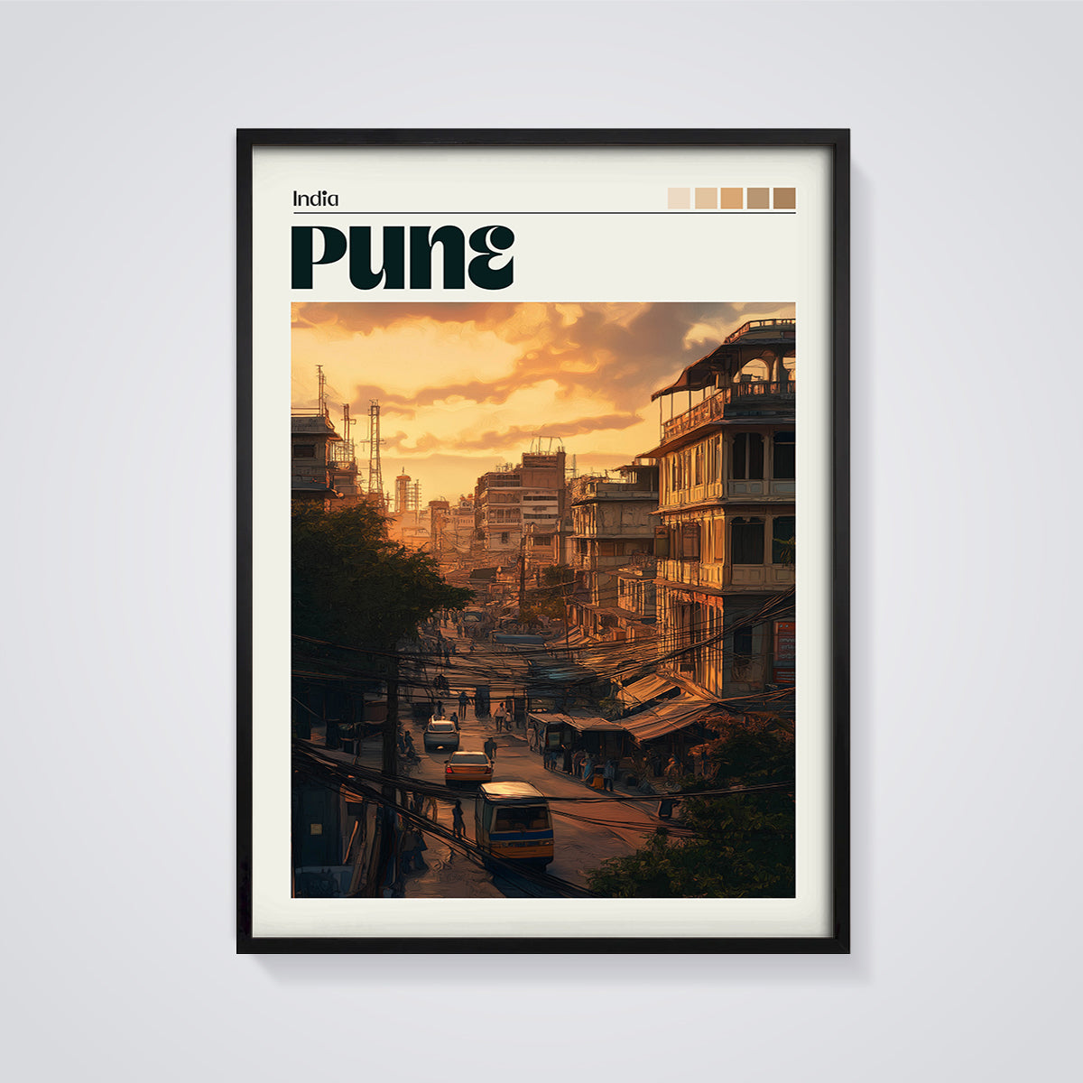 Pune Sunset Street Print framed in black on a grey background