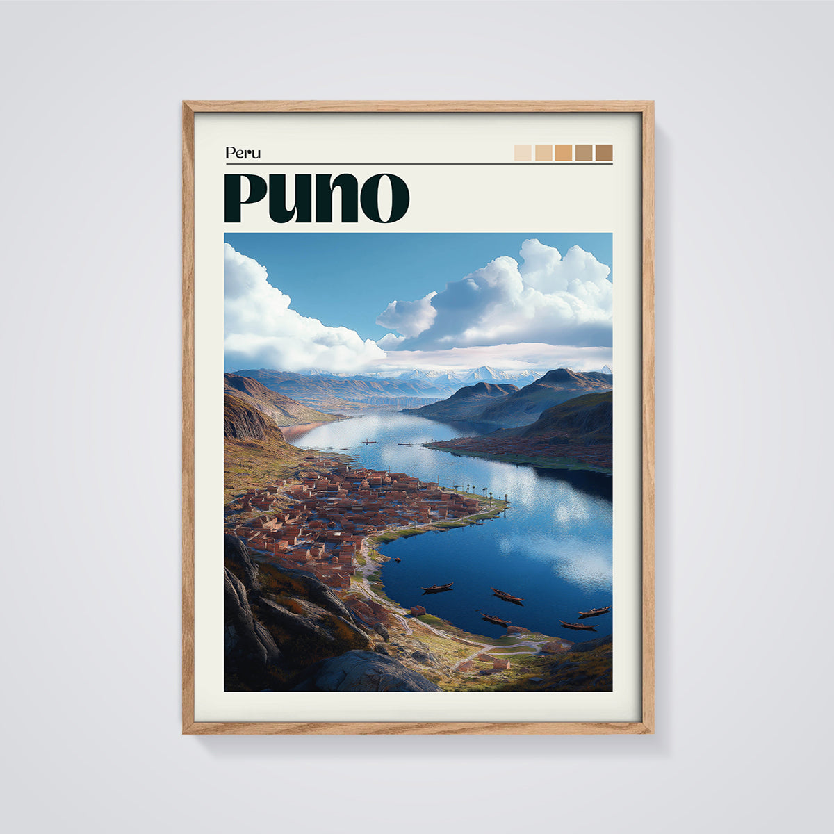 Puno Lake Cityscape Print framed in oak on a grey background