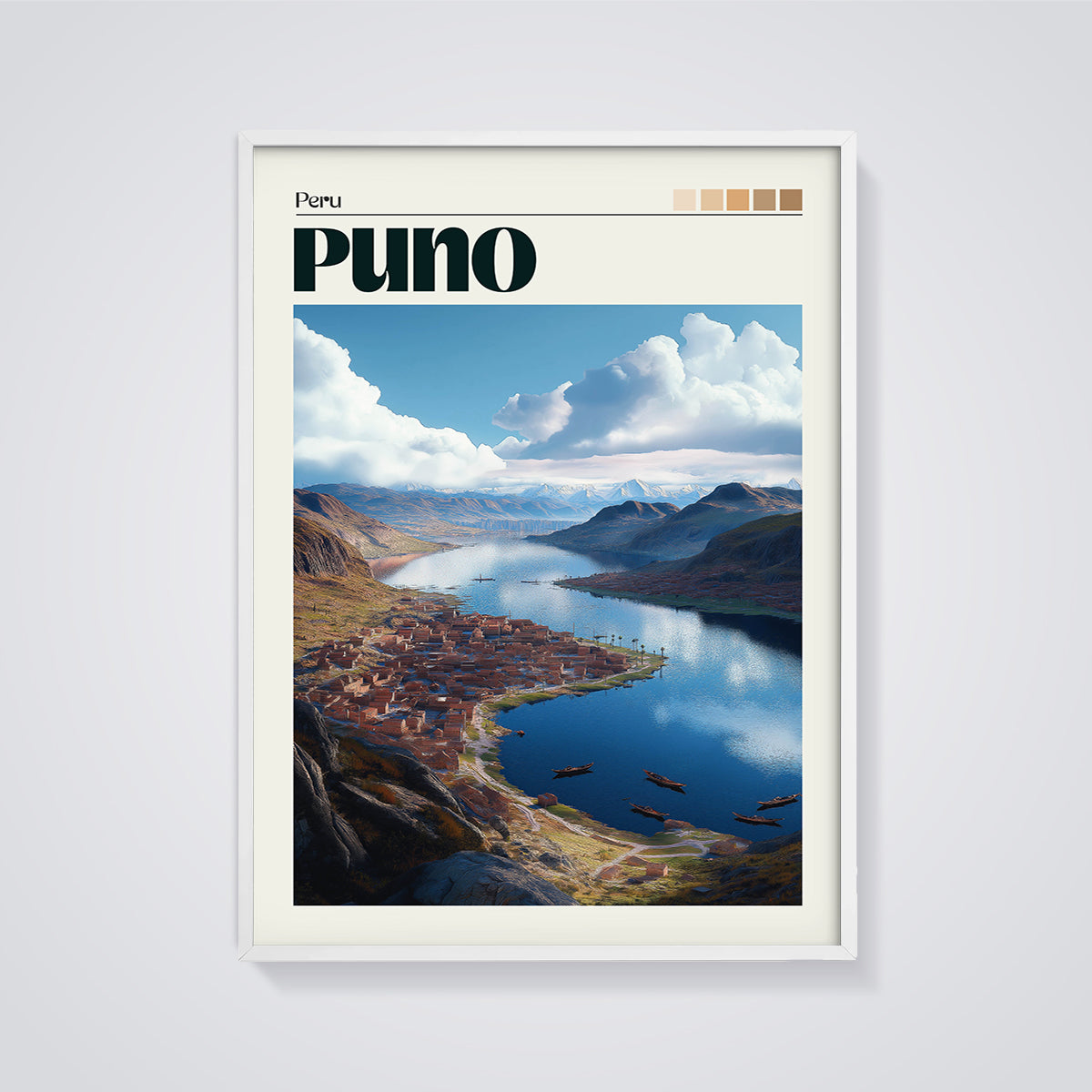Puno Lake Cityscape Print framed in white on a grey background
