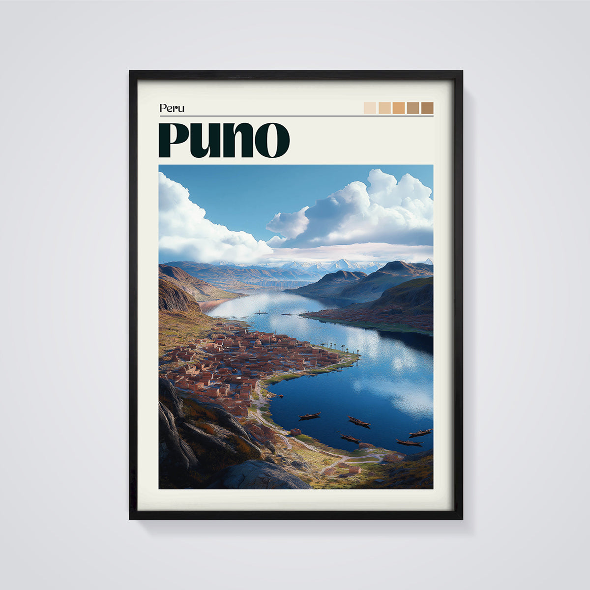Puno Lake Cityscape Print framed in black on a grey background