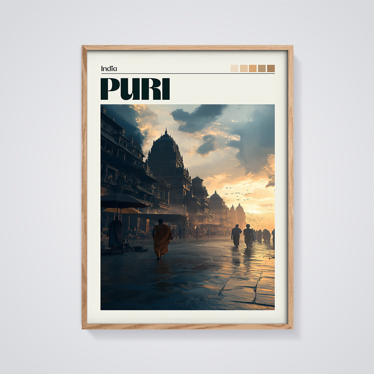 Puri India Temple Street Print framed in oak on a grey background