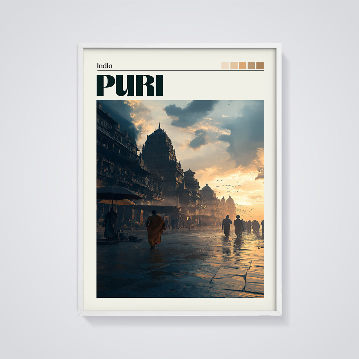 Puri India Temple Street Print framed in white on a grey background