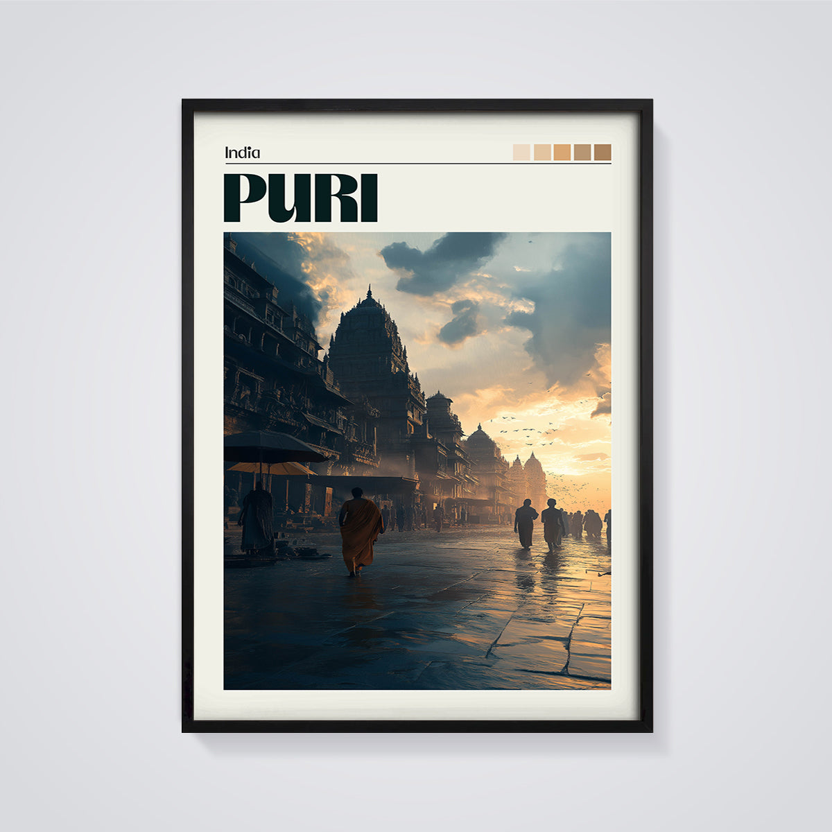 Puri India Temple Street Print framed in black on a grey background