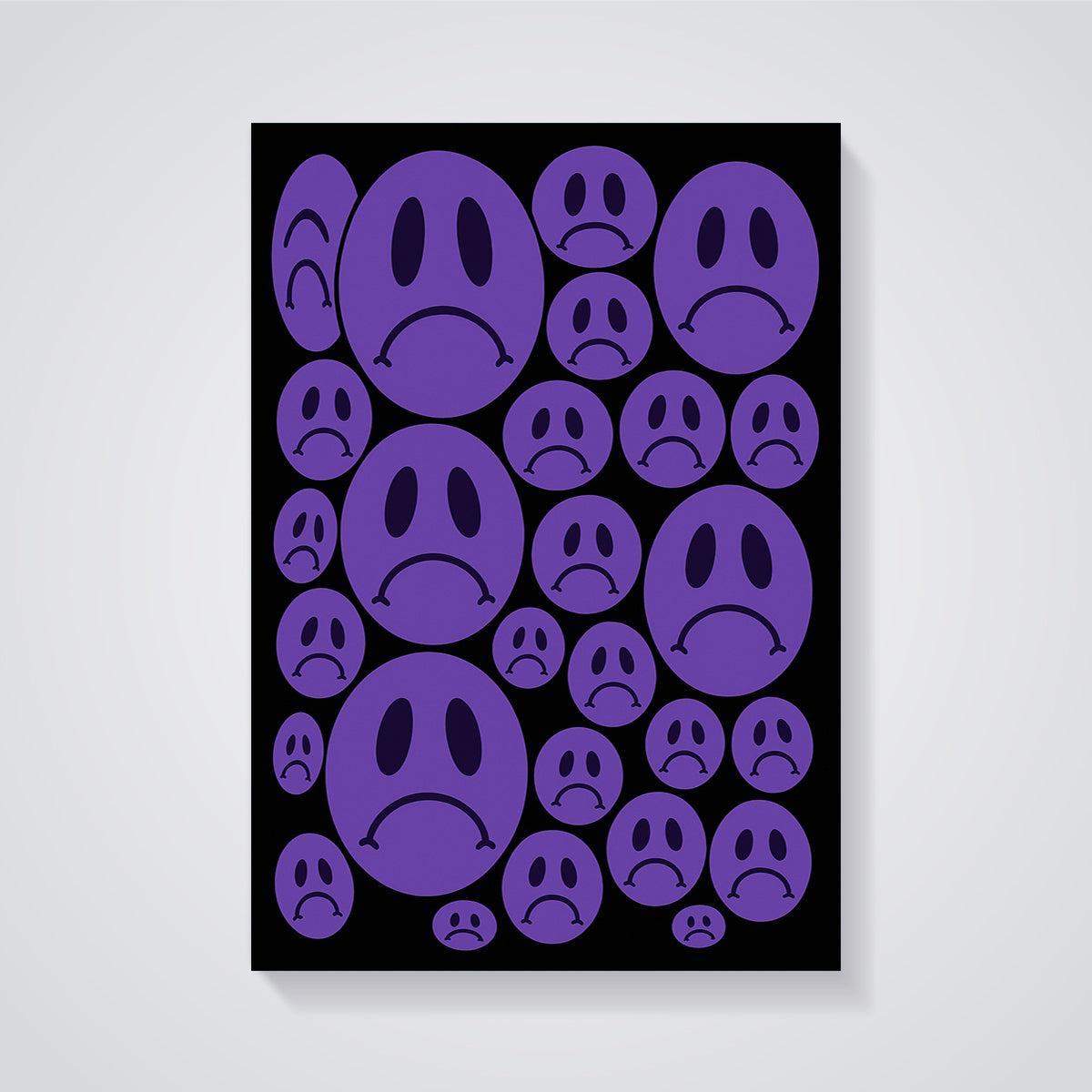 Purple Sad Face Pattern Print unframed on a grey background