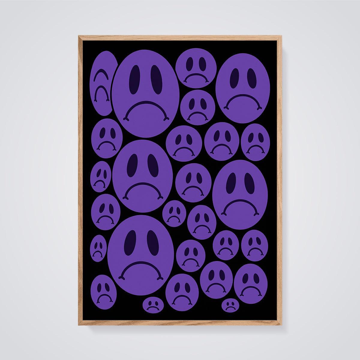 Purple Sad Face Pattern Print framed in oak on a grey background