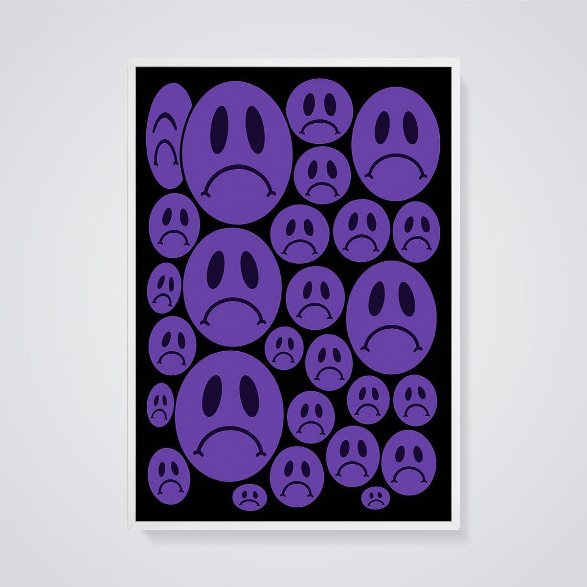 Purple Sad Face Pattern Print framed in white on a grey background