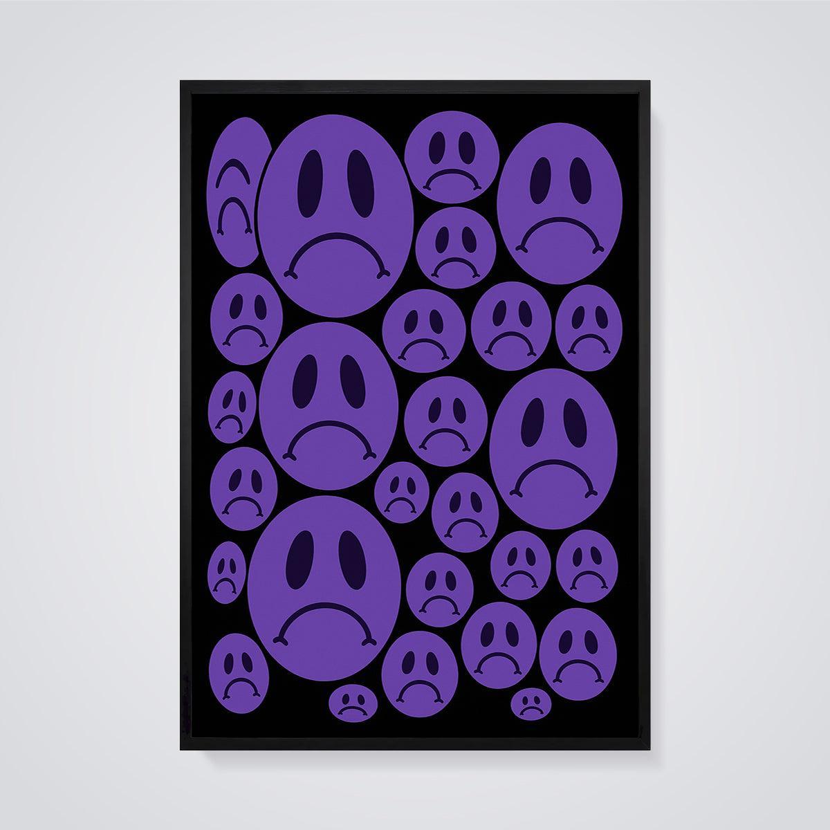 Purple Sad Face Pattern Print framed in black on a grey background