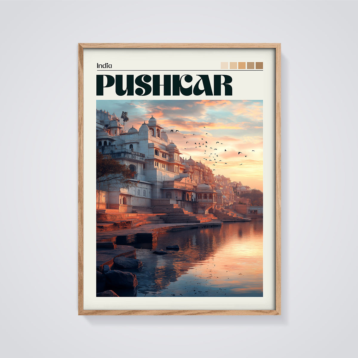 Pushkar Sunset Ghats Print framed in oak on a grey background