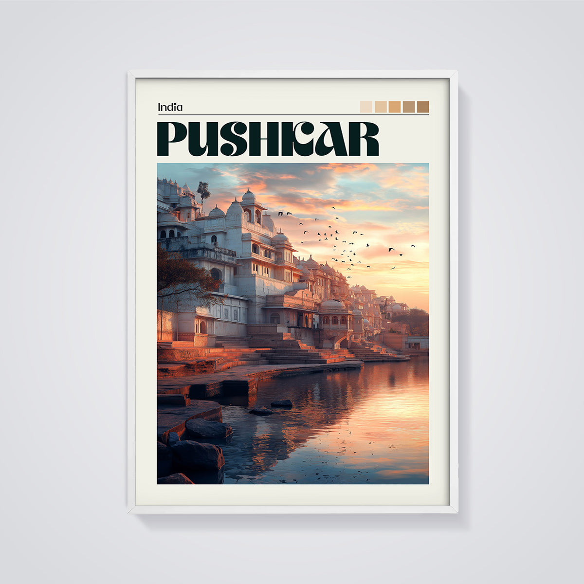 Pushkar Sunset Ghats Print framed in white on a grey background