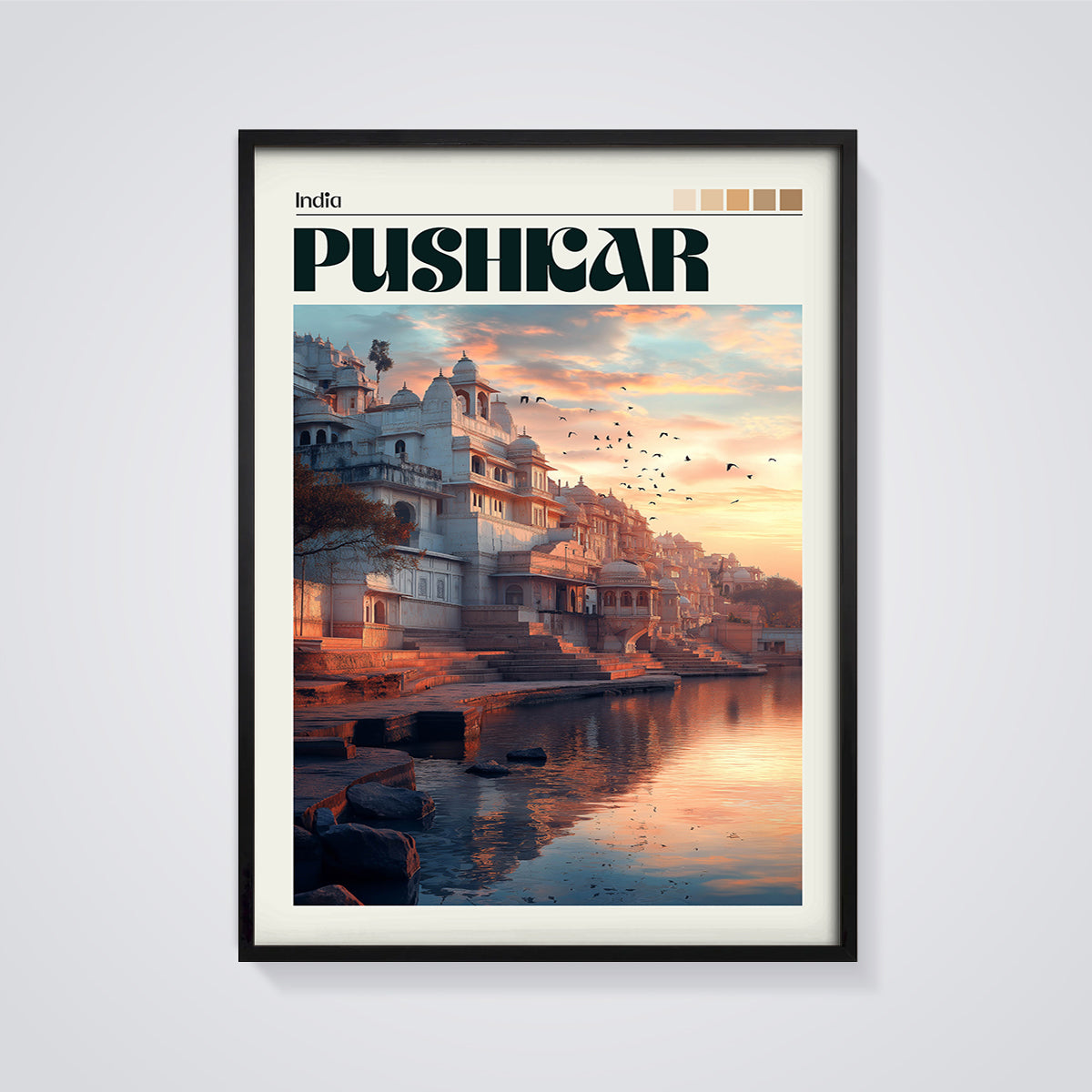 Pushkar Sunset Ghats Print framed in black on a grey background