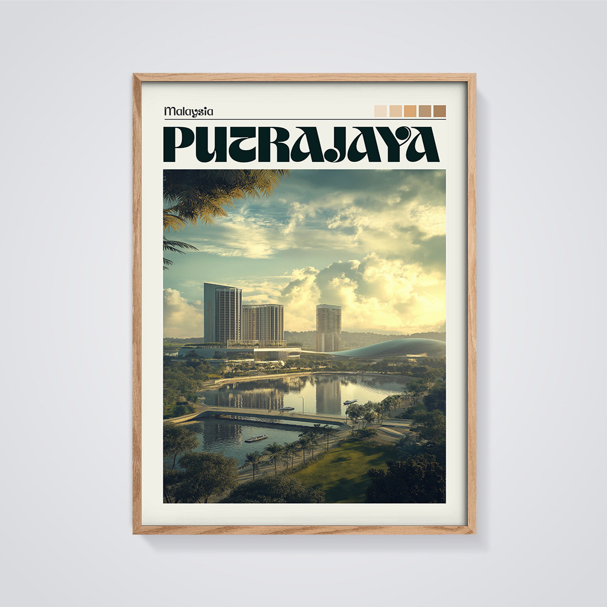 Putrajaya Malaysia Cityscape Print framed in oak on a grey background