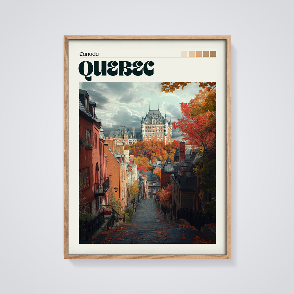 Quebec City Autumn View Print framed in oak on a grey background