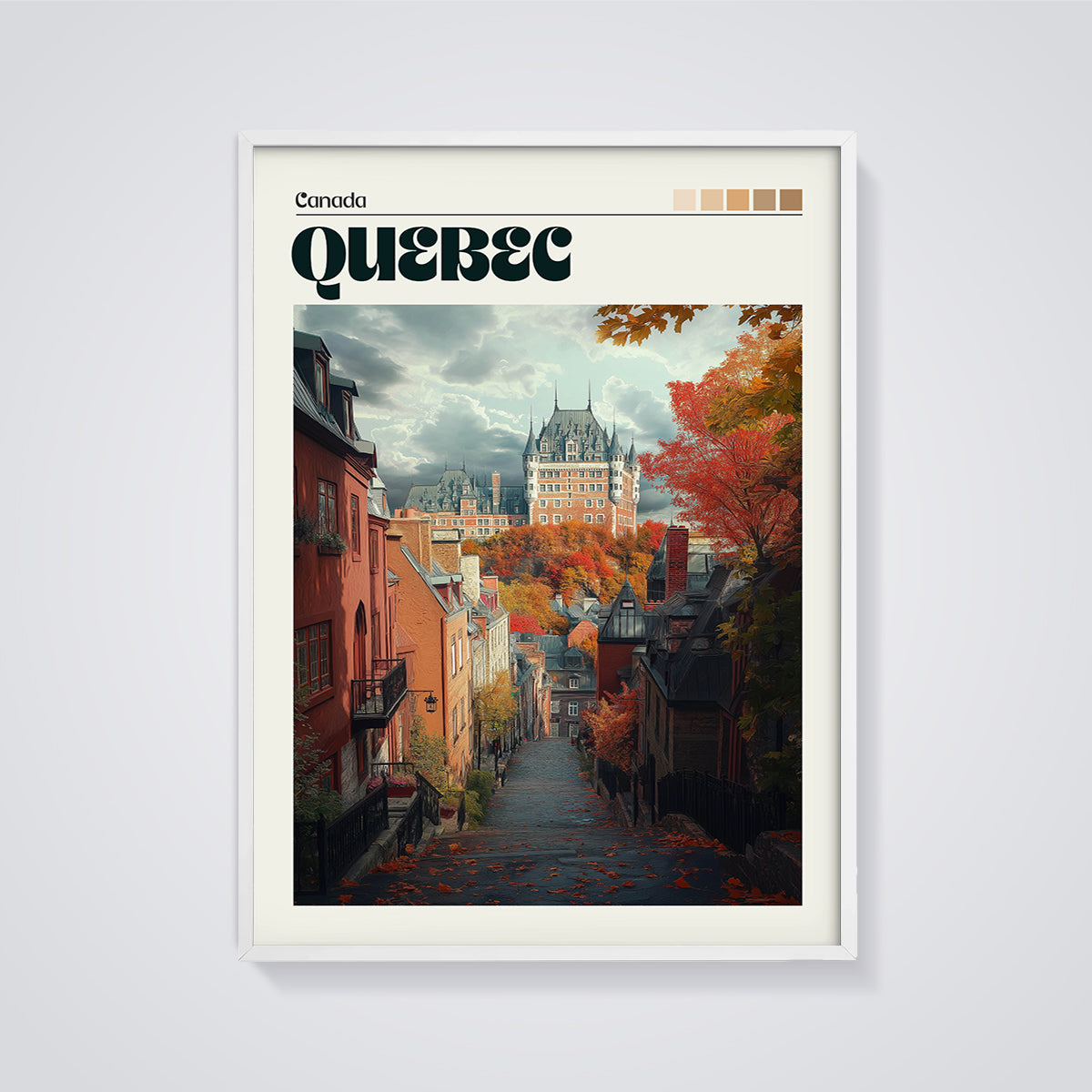 Quebec City Autumn View Print framed in white on a grey background