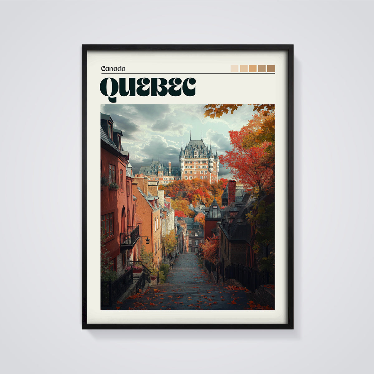 Quebec City Autumn View Print framed in black on a grey background