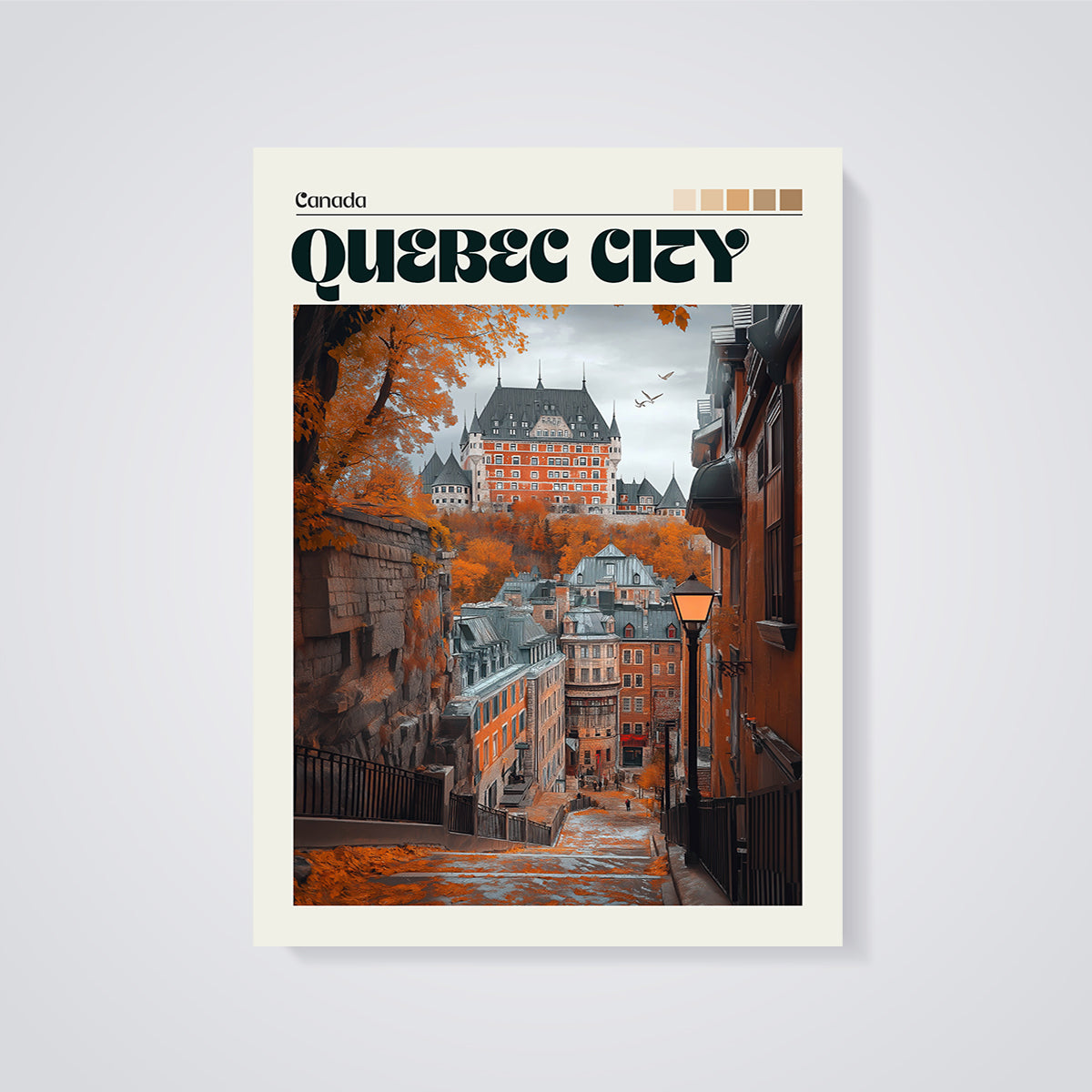 Quebec City Chateau Autumn Print unframed on a grey background