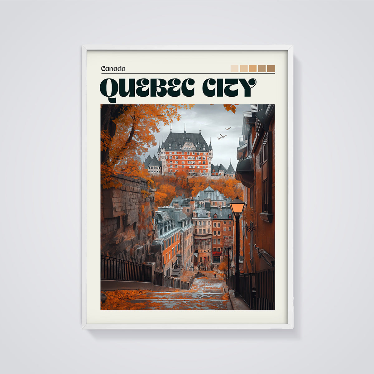 Quebec City Chateau Autumn Print framed in white on a grey background