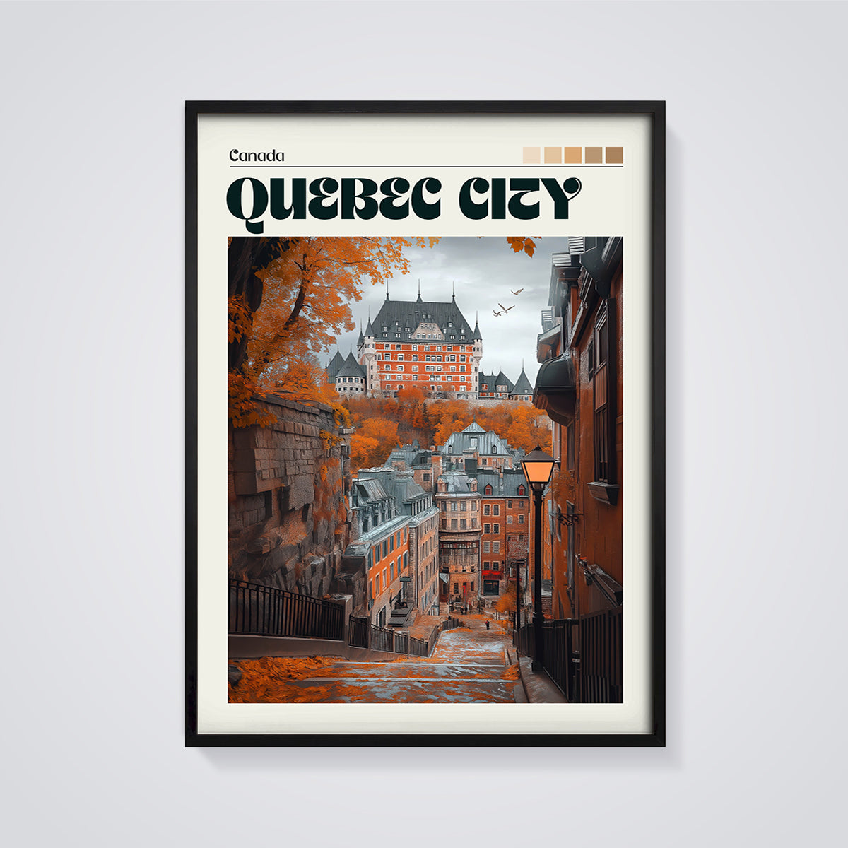 Quebec City Chateau Autumn Print framed in black on a grey background