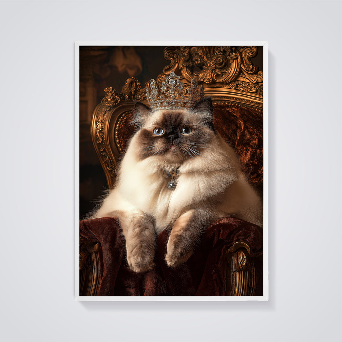 Queen Cat Portrait Print framed in white on a grey background