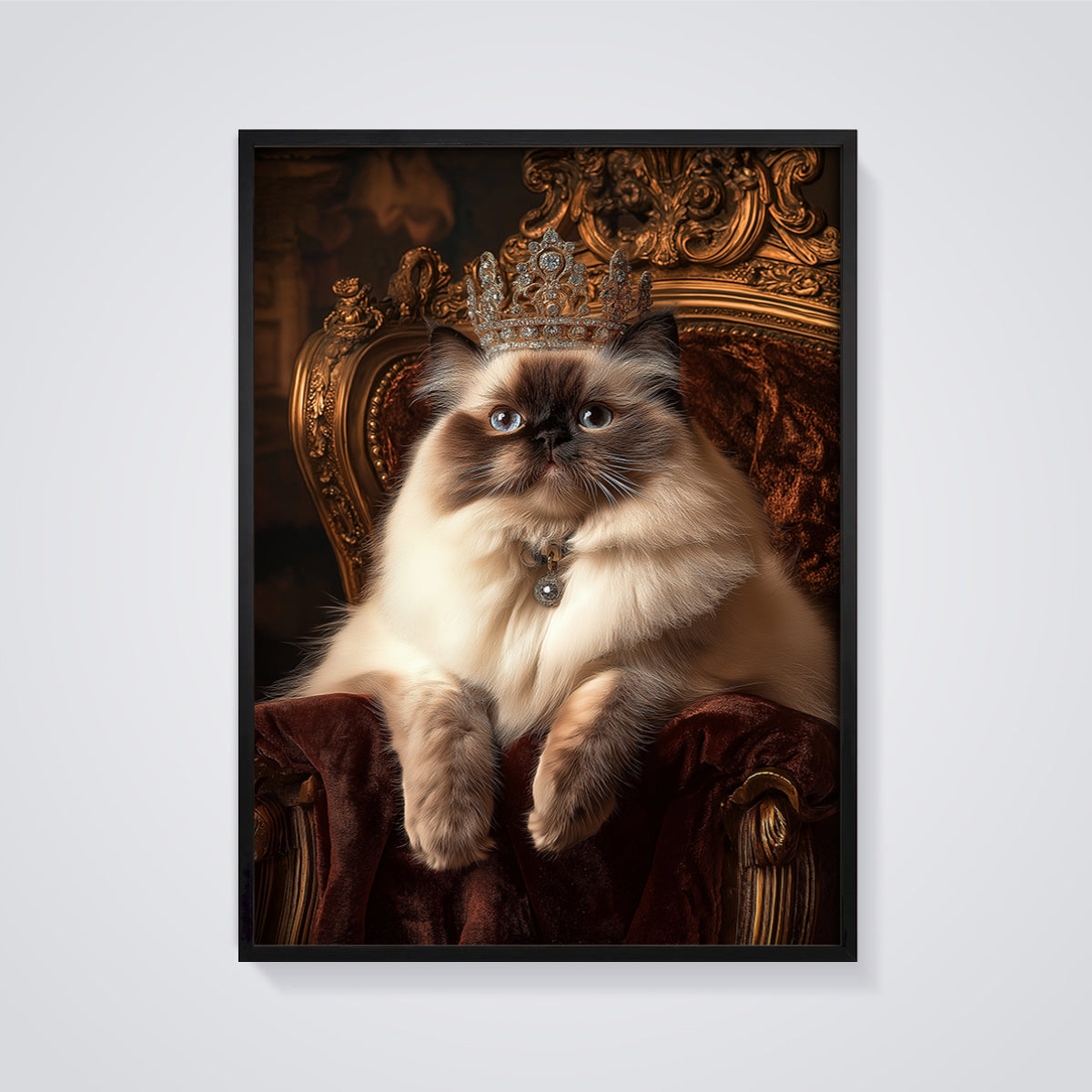 Queen Cat Portrait Print framed in black on a grey background