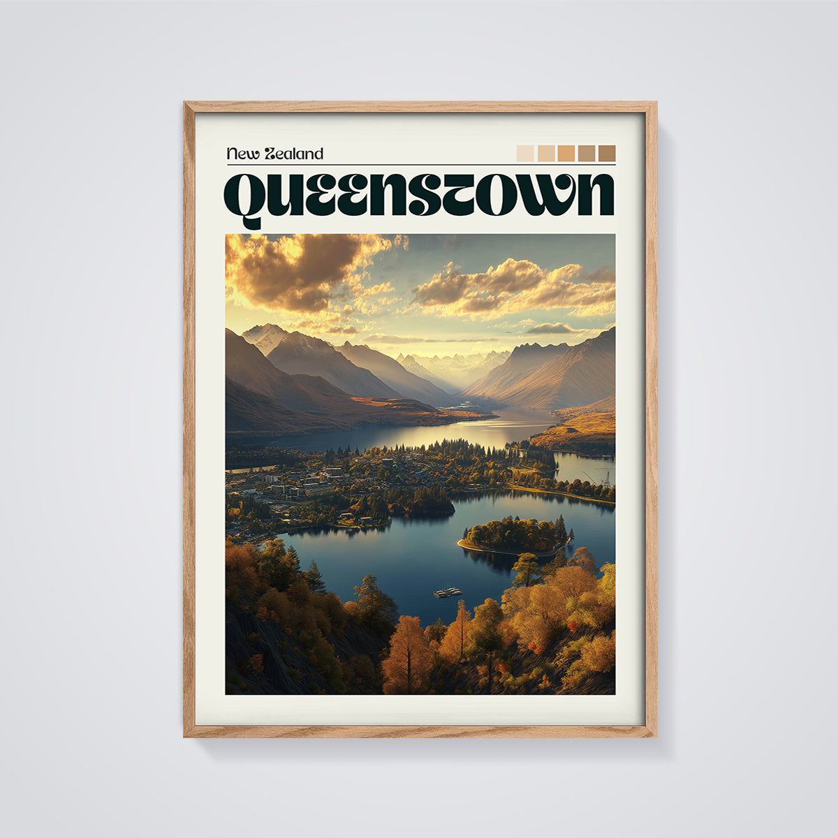 Queenstown Autumn Lake Print framed in oak on a grey background