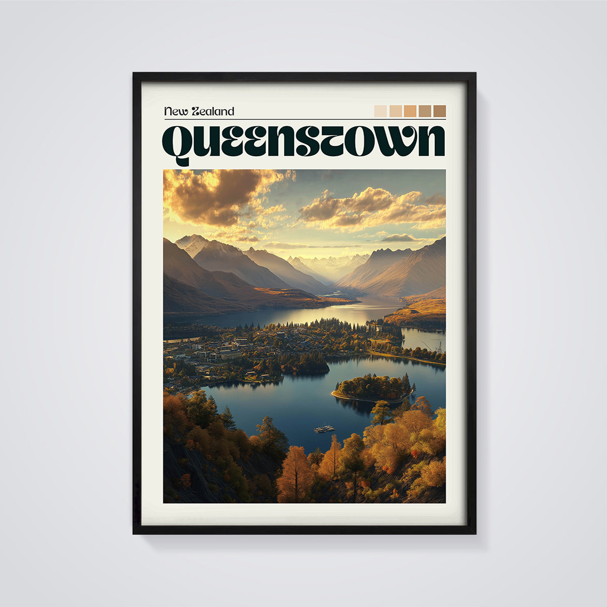 Queenstown Autumn Lake Print framed in black on a grey background
