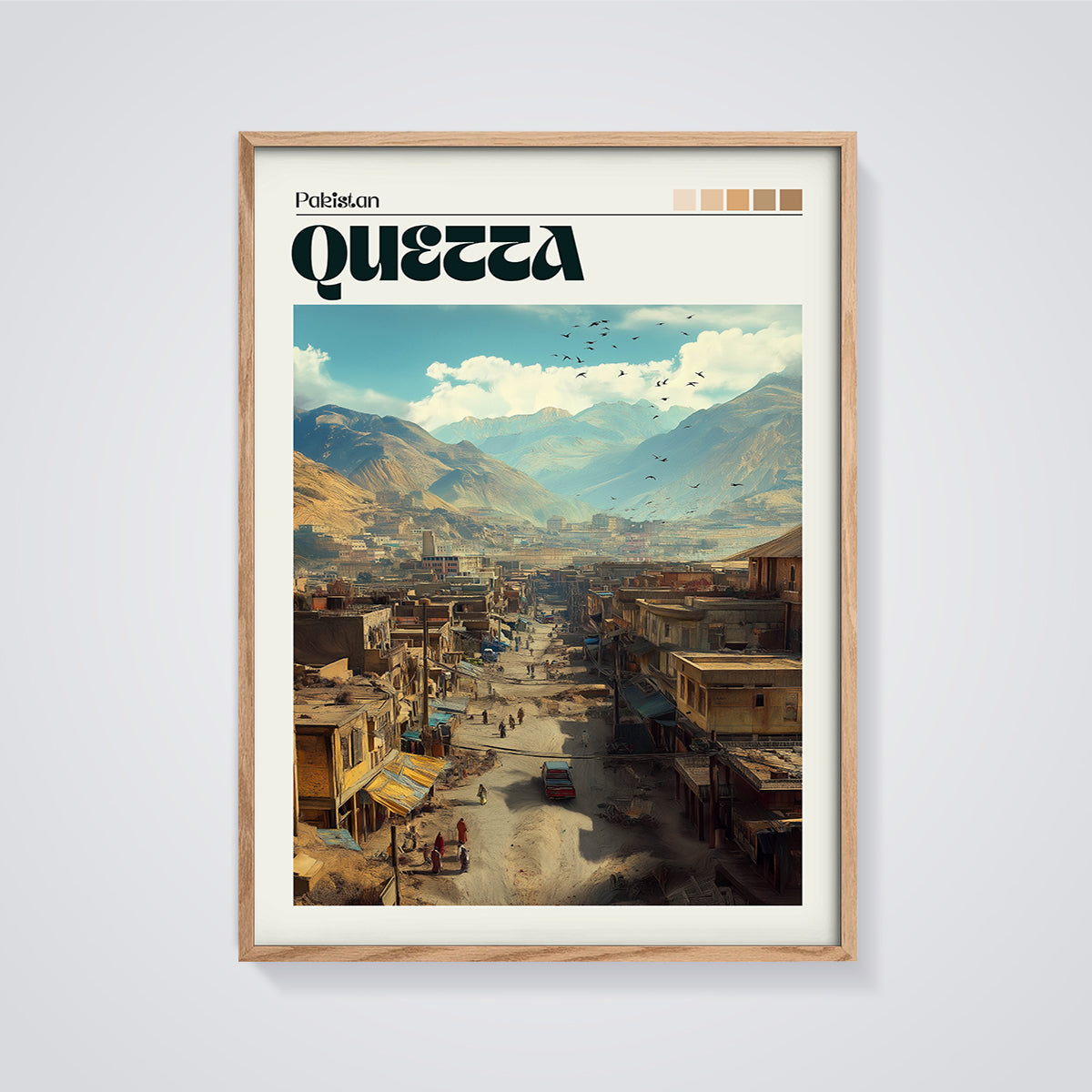 Quetta Pakistan Cityscape Print framed in oak on a grey background