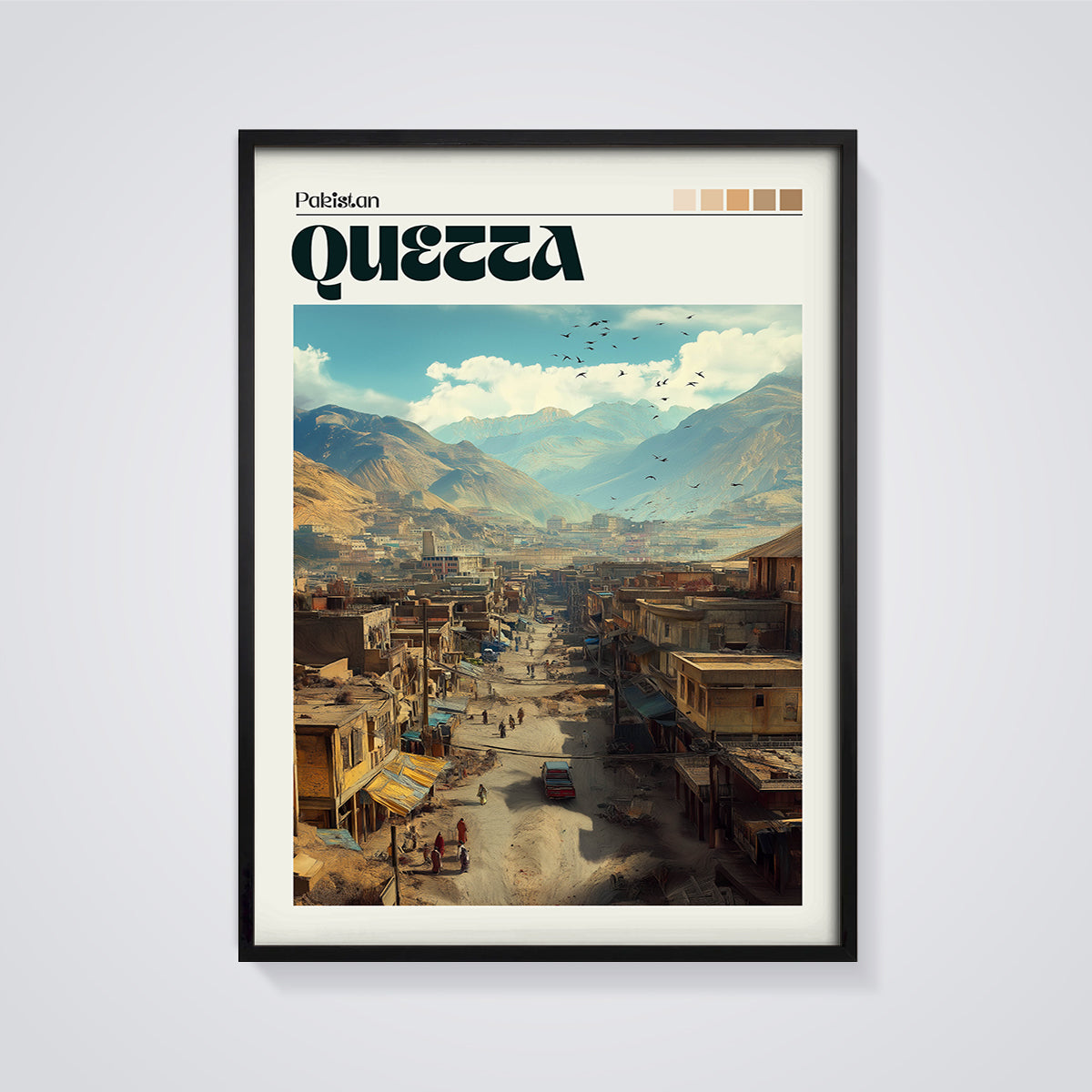 Quetta Pakistan Cityscape Print framed in black on a grey background