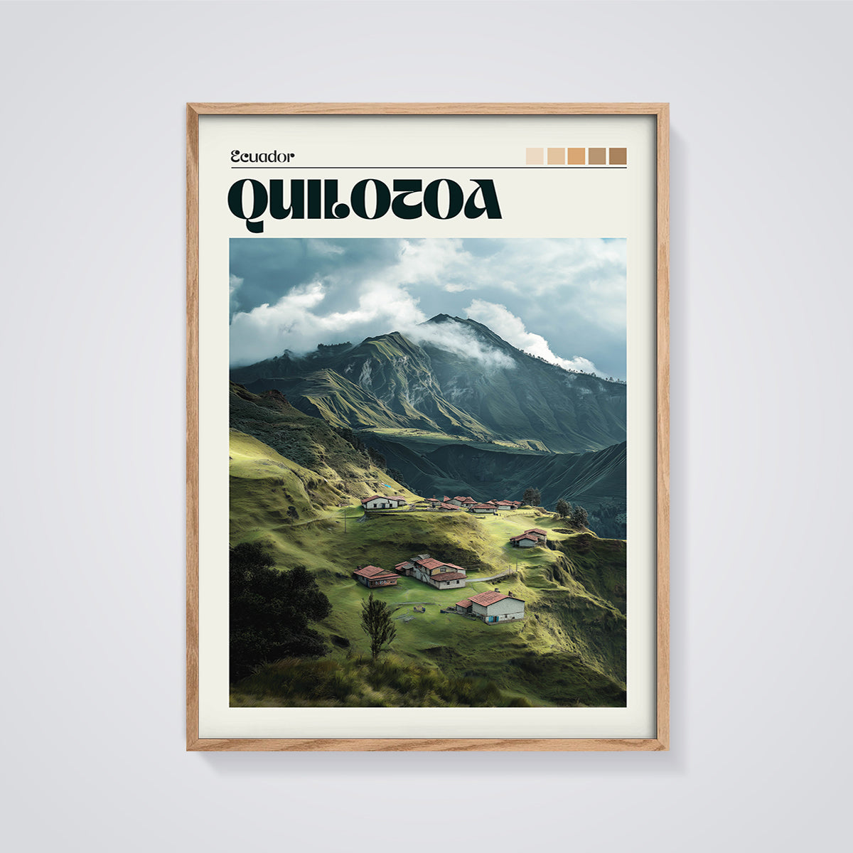 Quilotoa, Ecuador Village Print framed in oak on a grey background