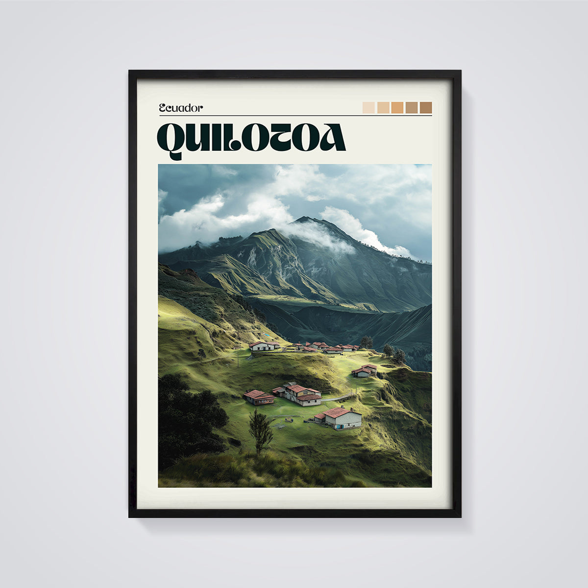 Quilotoa, Ecuador Village Print framed in black on a grey background