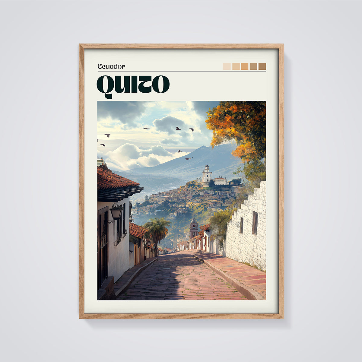 Quito Ecuador Street View Print framed in oak on a grey background