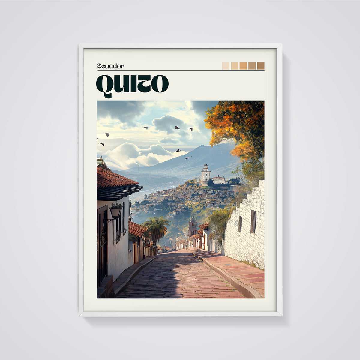 Quito Ecuador Street View Print framed in white on a grey background