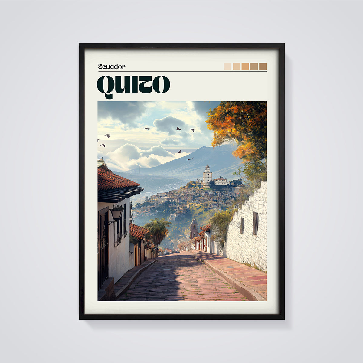 Quito Ecuador Street View Print framed in black on a grey background