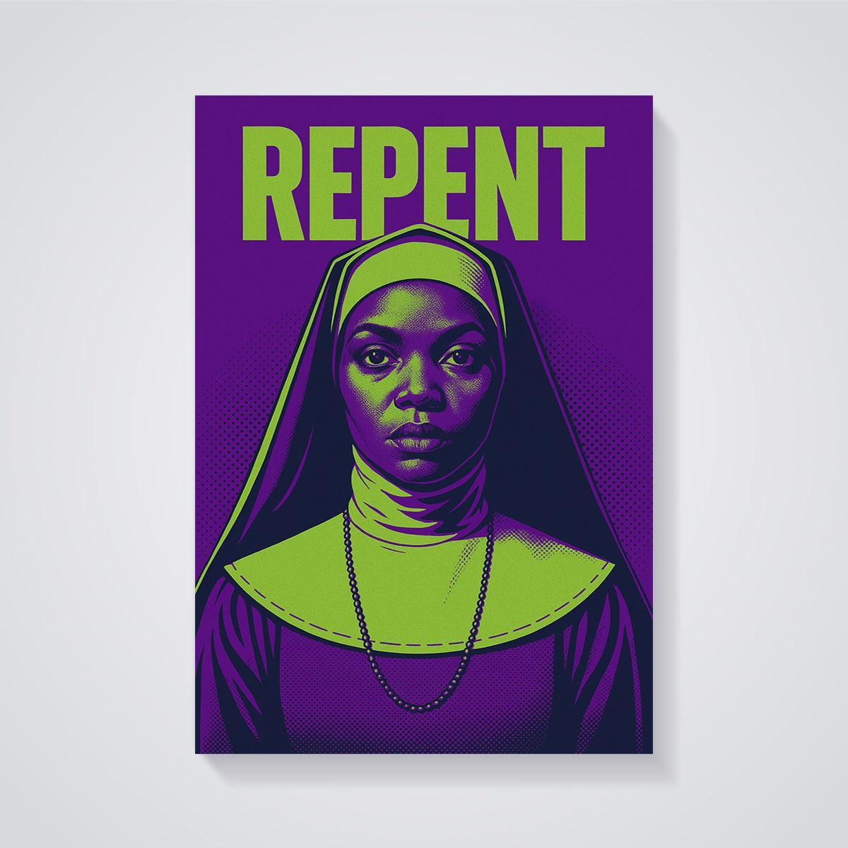 REPENT Nun Pop Art Print unframed on a grey background