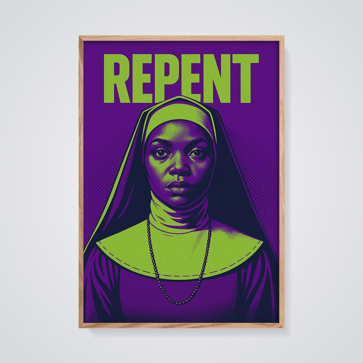 REPENT Nun Pop Art Print framed in oak on a grey background