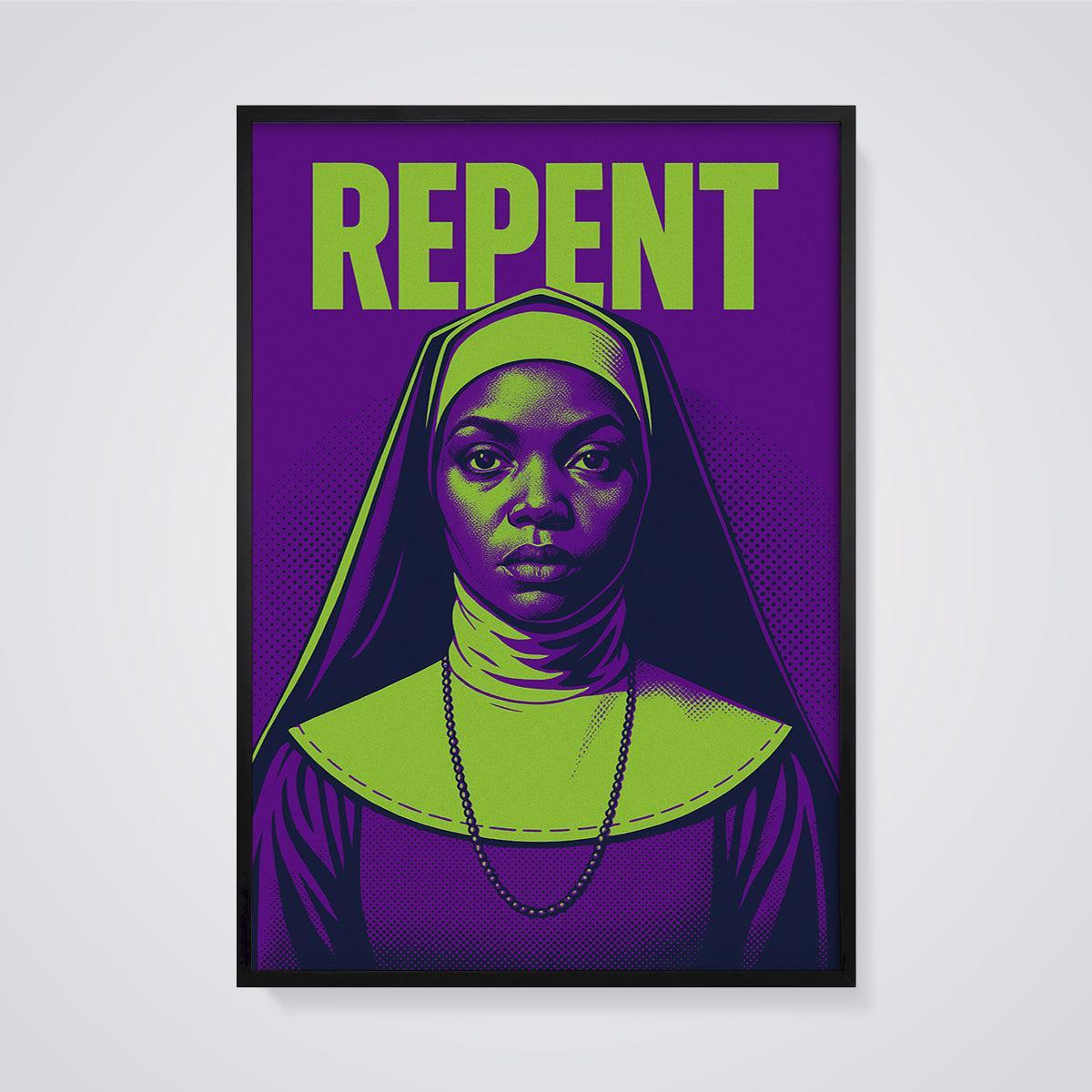 REPENT Nun Pop Art Print framed in black on a grey background